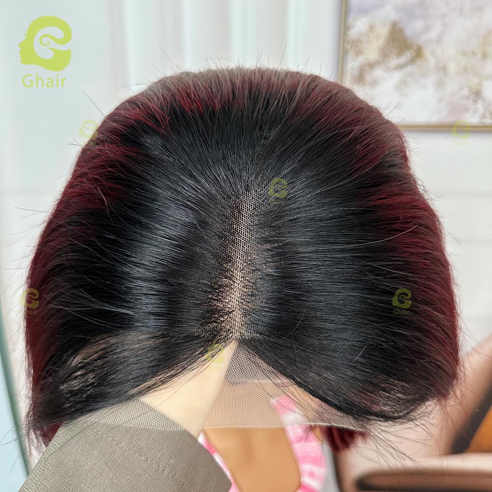 Ghair #1B/99J Dark Red Bob Wigs With Black Roots Ombre 13x4 Transparent Lace Bob Wigs