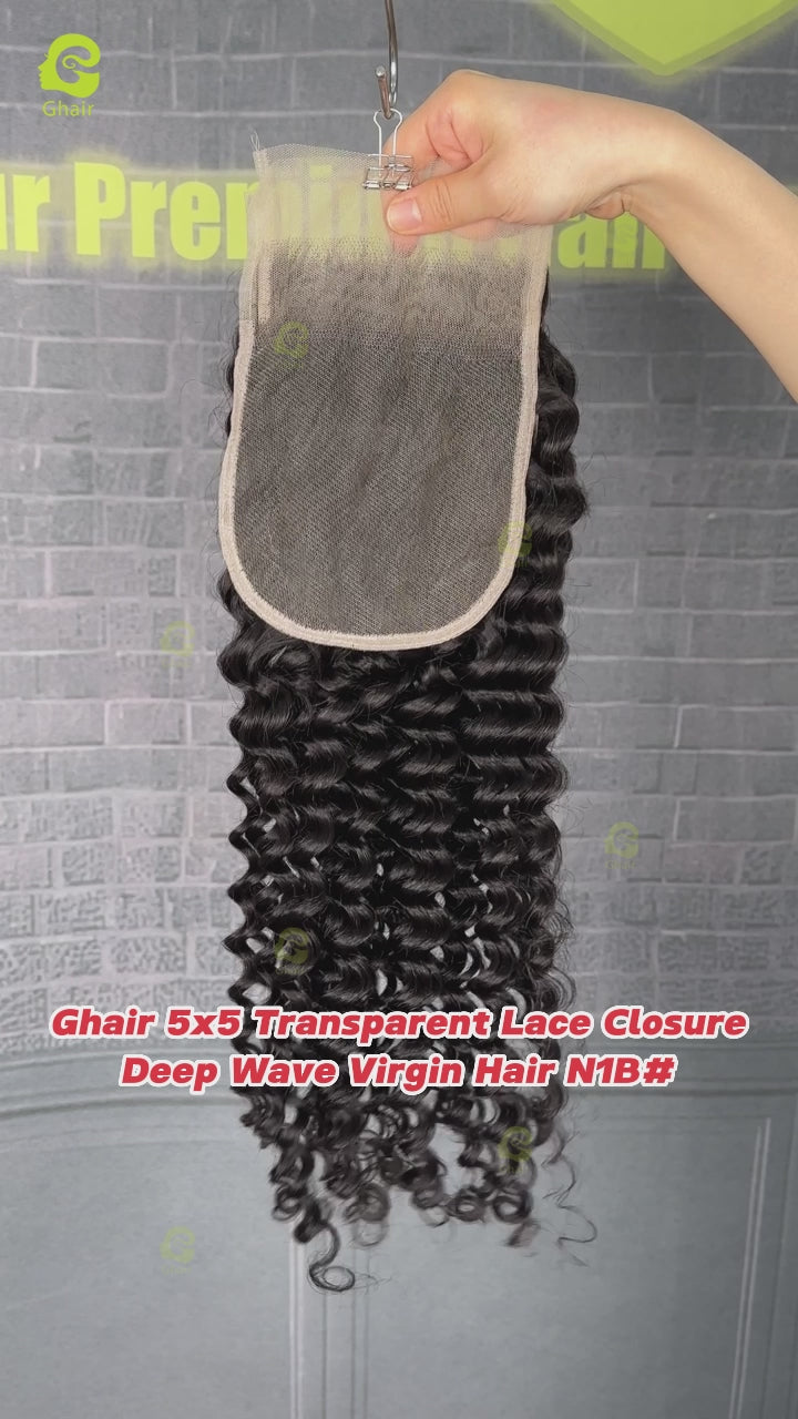 Ghair 5x5 Transparent Lace Closure Deep Wave Virgin Hair N1B#