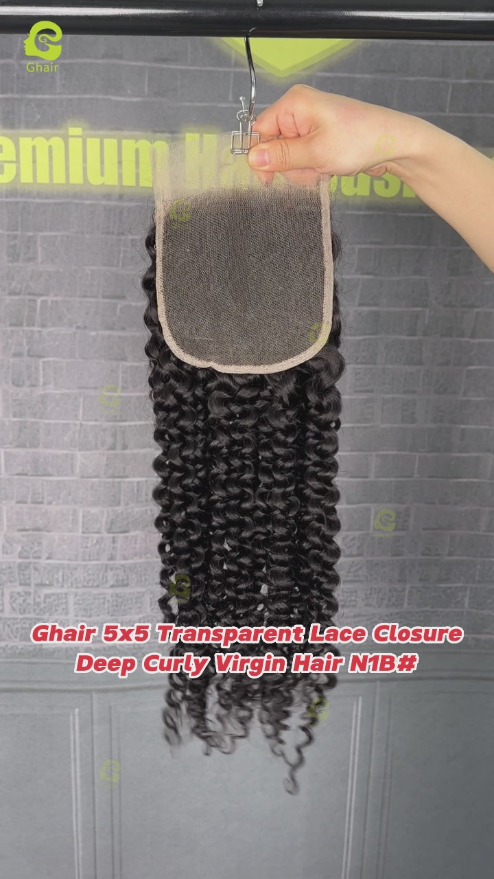 Ghair 5x5 Transparent Lace Closure Deep Curly Virgin Hair N1B#