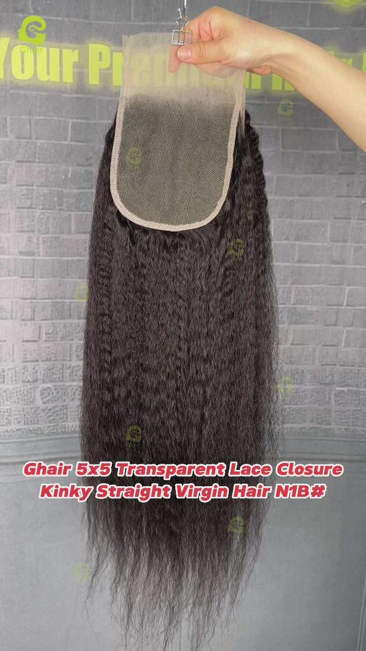 Ghair 5x5 Transparent Lace Closure Kinky Straight Virgin Hair N1B#