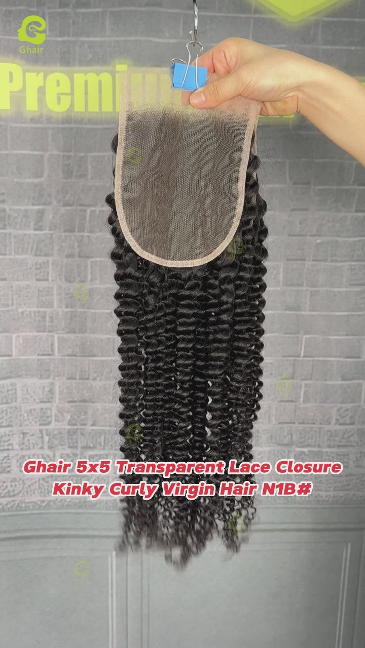 Ghair 5x5 Transparent Lace Closure Kinky Curly Virgin Hair N1B#