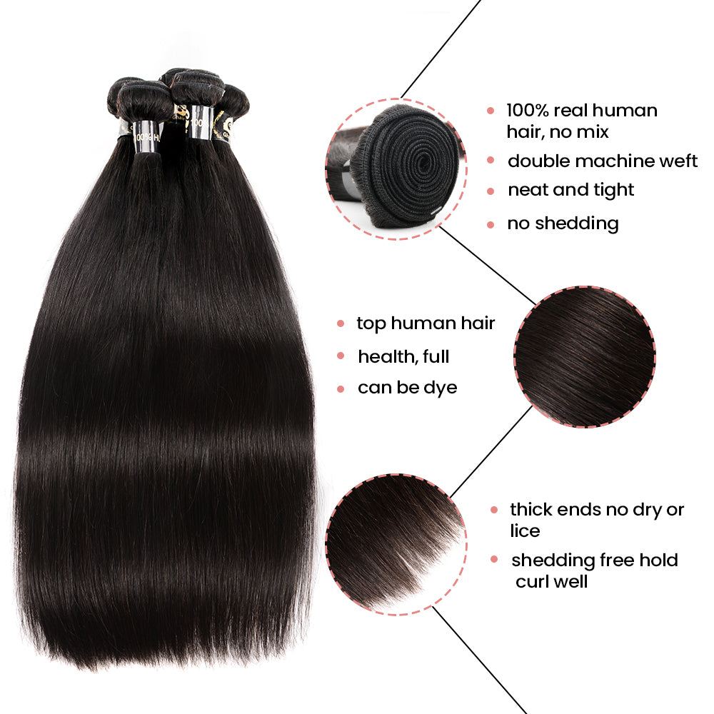 Ghair 100% Virgin Human Hair 3 Bundles With 5x5 HD Lace Closure 12A Straight Wave Hair Brazilian Hair