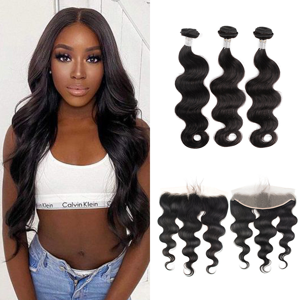 Ghair 100% Virgin Human Hair 3 Bundles With 13x4 HD Lace Frontal 12A Body Wave Hair Brazilian Hair