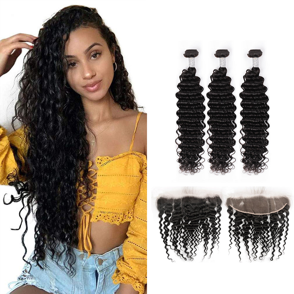 Ghair 100% Virgin Human Hair 3 Bundles With 13x4 HD Lace Frontal 12A Deep Wave Hair Brazilian Hair