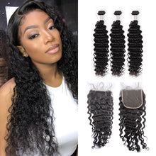 Load image into Gallery viewer, Ghair 100% Virgin Human Hair 3 Bundles With 4x4 HD Lace Closure 12A Deep Wave Hair Brazilian Hair
