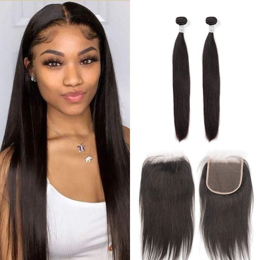 Ghair 100% Virgin Human Hair 2 Bundles With 5x5 HD Lace Closure 12A Straight Wave Hair Brazilian Hair